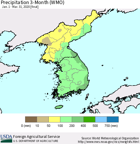 Korea Precipitation 3-Month (WMO) Thematic Map For 1/1/2020 - 3/31/2020