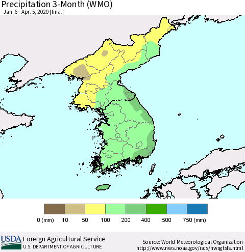 Korea Precipitation 3-Month (WMO) Thematic Map For 1/6/2020 - 4/5/2020