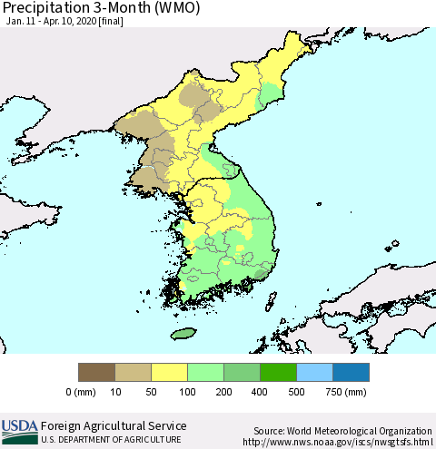 Korea Precipitation 3-Month (WMO) Thematic Map For 1/11/2020 - 4/10/2020
