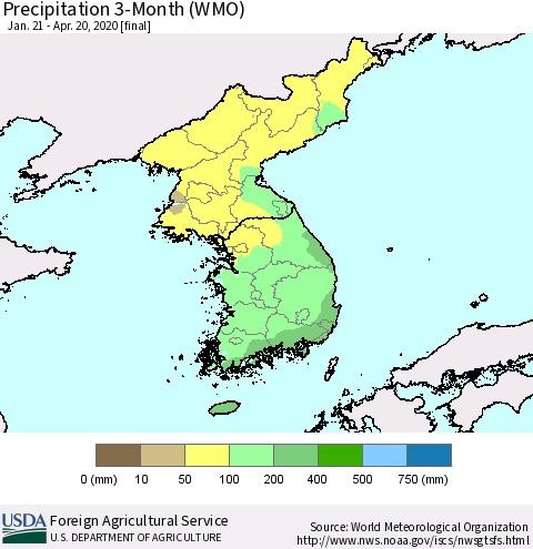 Korea Precipitation 3-Month (WMO) Thematic Map For 1/21/2020 - 4/20/2020