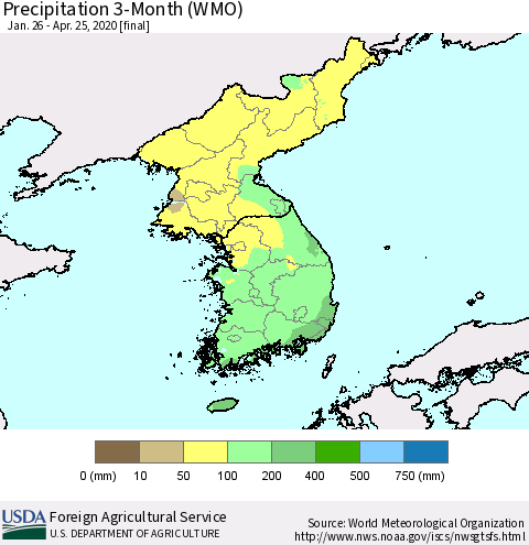 Korea Precipitation 3-Month (WMO) Thematic Map For 1/26/2020 - 4/25/2020