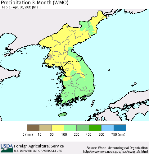 Korea Precipitation 3-Month (WMO) Thematic Map For 2/1/2020 - 4/30/2020