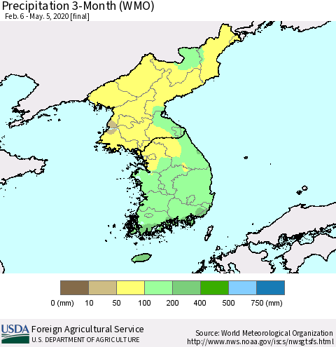 Korea Precipitation 3-Month (WMO) Thematic Map For 2/6/2020 - 5/5/2020