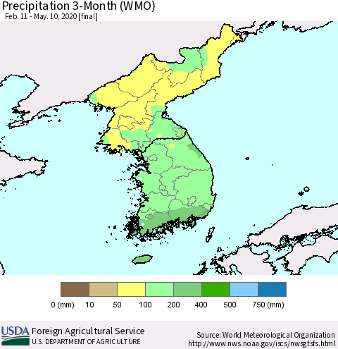 Korea Precipitation 3-Month (WMO) Thematic Map For 2/11/2020 - 5/10/2020