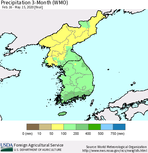 Korea Precipitation 3-Month (WMO) Thematic Map For 2/16/2020 - 5/15/2020