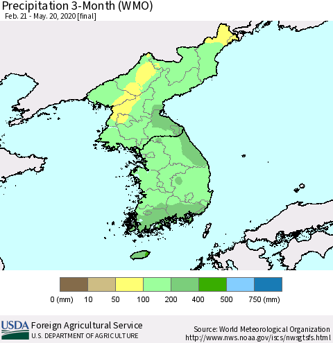 Korea Precipitation 3-Month (WMO) Thematic Map For 2/21/2020 - 5/20/2020