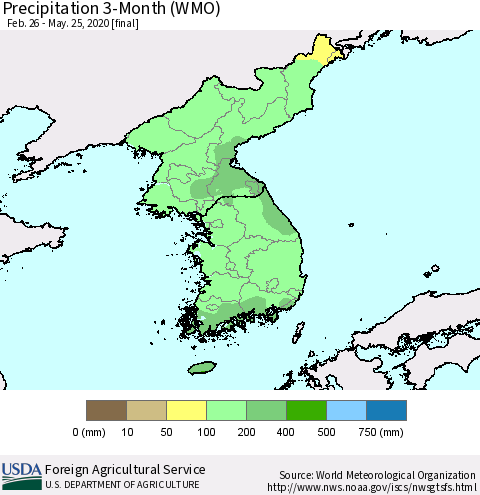Korea Precipitation 3-Month (WMO) Thematic Map For 2/26/2020 - 5/25/2020