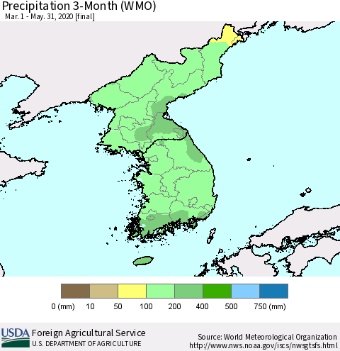 Korea Precipitation 3-Month (WMO) Thematic Map For 3/1/2020 - 5/31/2020