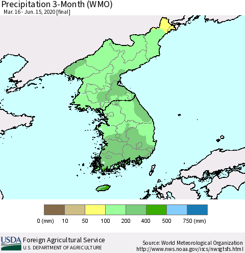 Korea Precipitation 3-Month (WMO) Thematic Map For 3/16/2020 - 6/15/2020