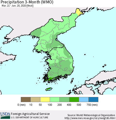 Korea Precipitation 3-Month (WMO) Thematic Map For 3/21/2020 - 6/20/2020