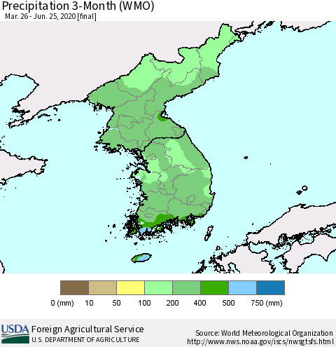 Korea Precipitation 3-Month (WMO) Thematic Map For 3/26/2020 - 6/25/2020