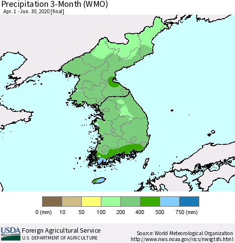 Korea Precipitation 3-Month (WMO) Thematic Map For 4/1/2020 - 6/30/2020