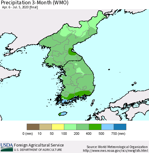 Korea Precipitation 3-Month (WMO) Thematic Map For 4/6/2020 - 7/5/2020