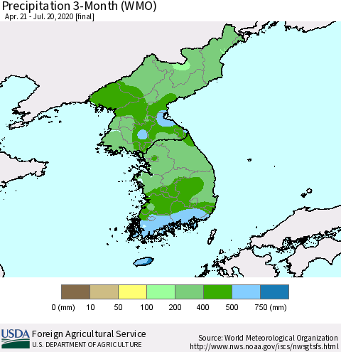 Korea Precipitation 3-Month (WMO) Thematic Map For 4/21/2020 - 7/20/2020