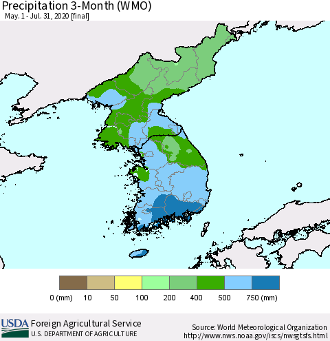 Korea Precipitation 3-Month (WMO) Thematic Map For 5/1/2020 - 7/31/2020