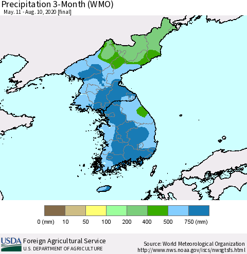 Korea Precipitation 3-Month (WMO) Thematic Map For 5/11/2020 - 8/10/2020