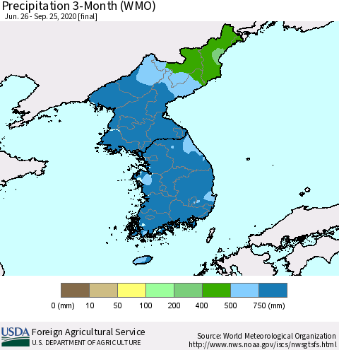 Korea Precipitation 3-Month (WMO) Thematic Map For 6/26/2020 - 9/25/2020