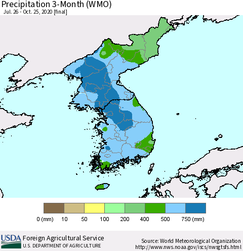 Korea Precipitation 3-Month (WMO) Thematic Map For 7/26/2020 - 10/25/2020
