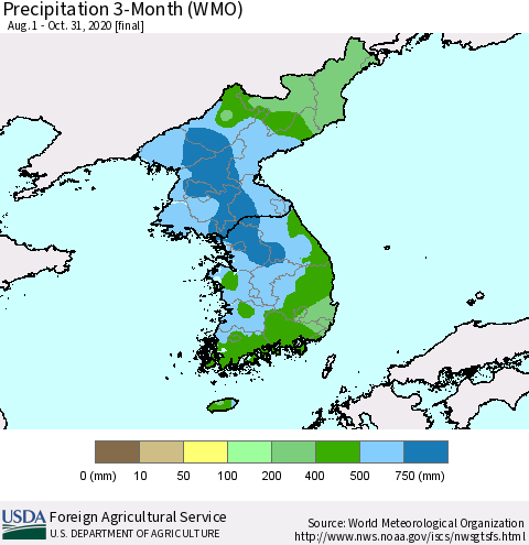 Korea Precipitation 3-Month (WMO) Thematic Map For 8/1/2020 - 10/31/2020