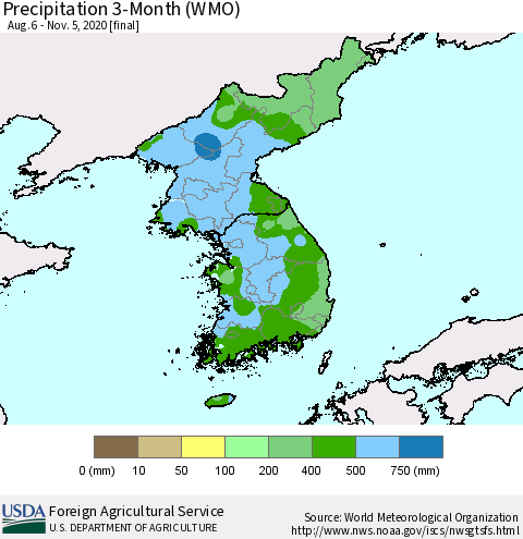 Korea Precipitation 3-Month (WMO) Thematic Map For 8/6/2020 - 11/5/2020