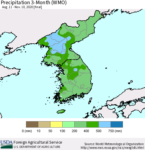 Korea Precipitation 3-Month (WMO) Thematic Map For 8/11/2020 - 11/10/2020