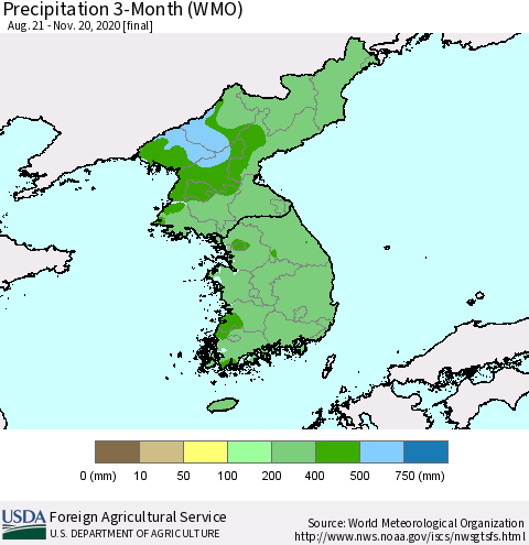 Korea Precipitation 3-Month (WMO) Thematic Map For 8/21/2020 - 11/20/2020