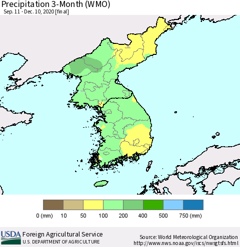 Korea Precipitation 3-Month (WMO) Thematic Map For 9/11/2020 - 12/10/2020