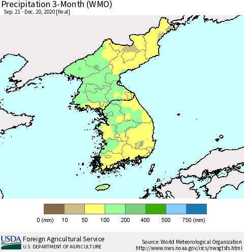 Korea Precipitation 3-Month (WMO) Thematic Map For 9/21/2020 - 12/20/2020
