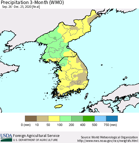 Korea Precipitation 3-Month (WMO) Thematic Map For 9/26/2020 - 12/25/2020