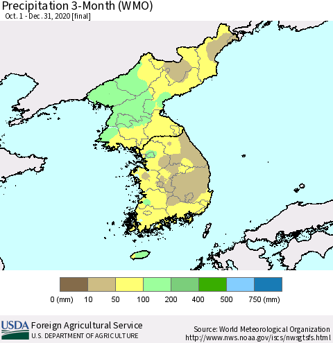 Korea Precipitation 3-Month (WMO) Thematic Map For 10/1/2020 - 12/31/2020