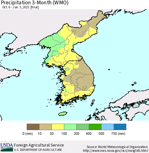 Korea Precipitation 3-Month (WMO) Thematic Map For 10/6/2020 - 1/5/2021