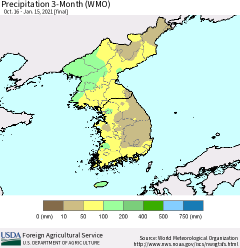 Korea Precipitation 3-Month (WMO) Thematic Map For 10/16/2020 - 1/15/2021