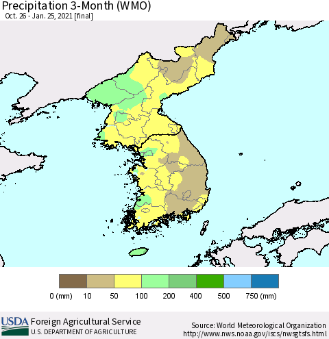Korea Precipitation 3-Month (WMO) Thematic Map For 10/26/2020 - 1/25/2021
