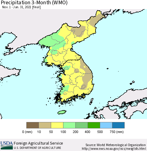 Korea Precipitation 3-Month (WMO) Thematic Map For 11/1/2020 - 1/31/2021