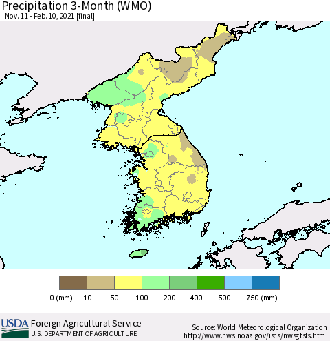 Korea Precipitation 3-Month (WMO) Thematic Map For 11/11/2020 - 2/10/2021