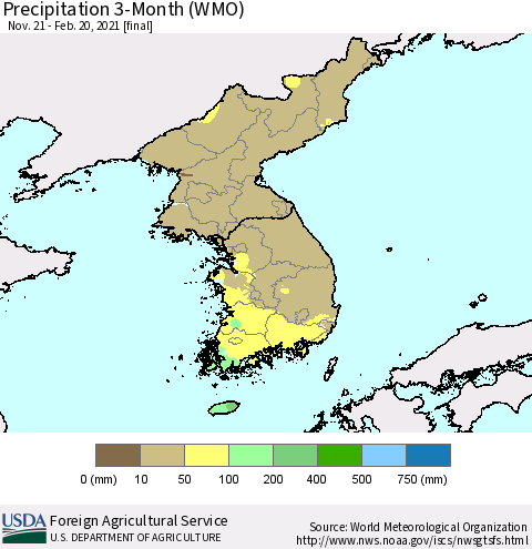 Korea Precipitation 3-Month (WMO) Thematic Map For 11/21/2020 - 2/20/2021