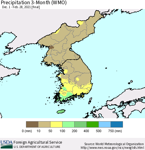 Korea Precipitation 3-Month (WMO) Thematic Map For 12/1/2020 - 2/28/2021