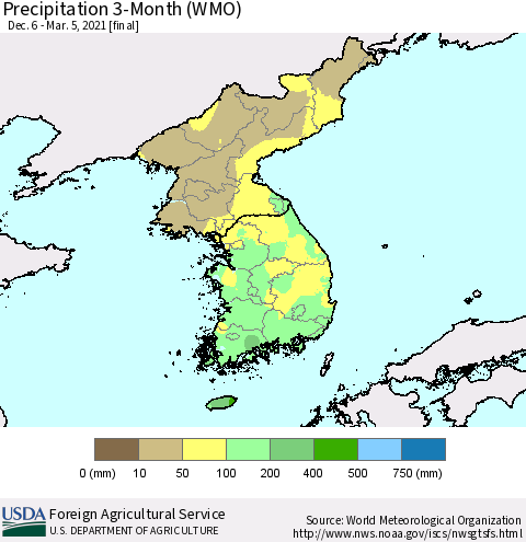 Korea Precipitation 3-Month (WMO) Thematic Map For 12/6/2020 - 3/5/2021