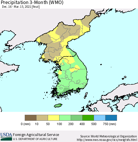 Korea Precipitation 3-Month (WMO) Thematic Map For 12/16/2020 - 3/15/2021