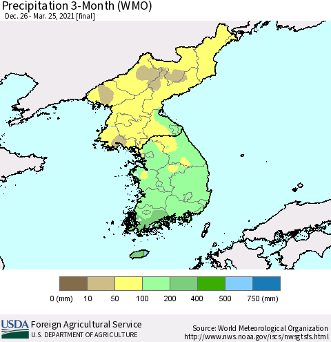 Korea Precipitation 3-Month (WMO) Thematic Map For 12/26/2020 - 3/25/2021