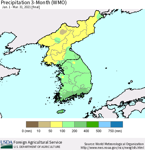 Korea Precipitation 3-Month (WMO) Thematic Map For 1/1/2021 - 3/31/2021