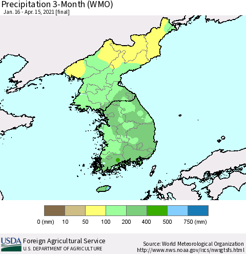 Korea Precipitation 3-Month (WMO) Thematic Map For 1/16/2021 - 4/15/2021