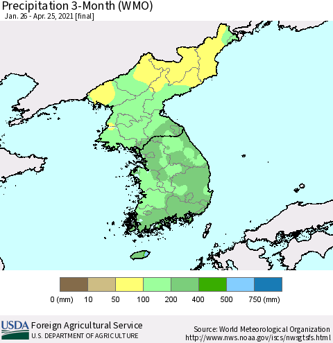 Korea Precipitation 3-Month (WMO) Thematic Map For 1/26/2021 - 4/25/2021