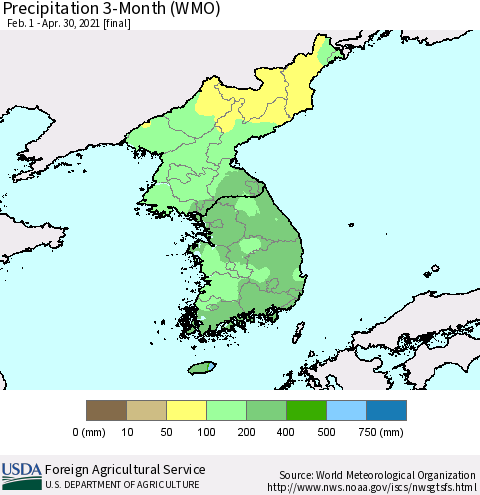 Korea Precipitation 3-Month (WMO) Thematic Map For 2/1/2021 - 4/30/2021