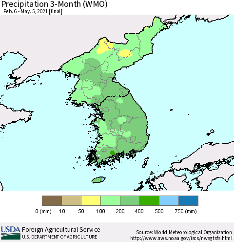 Korea Precipitation 3-Month (WMO) Thematic Map For 2/6/2021 - 5/5/2021