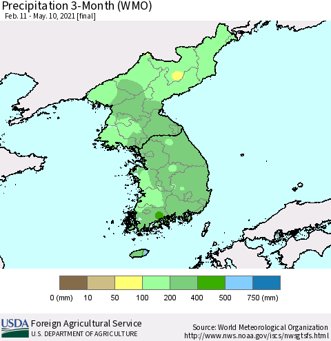 Korea Precipitation 3-Month (WMO) Thematic Map For 2/11/2021 - 5/10/2021