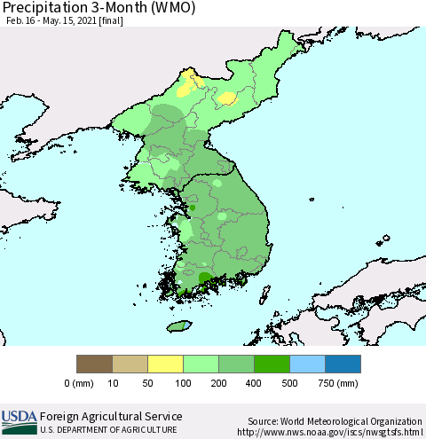 Korea Precipitation 3-Month (WMO) Thematic Map For 2/16/2021 - 5/15/2021