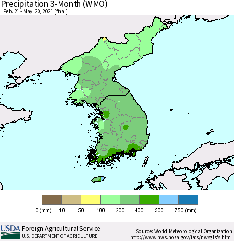 Korea Precipitation 3-Month (WMO) Thematic Map For 2/21/2021 - 5/20/2021