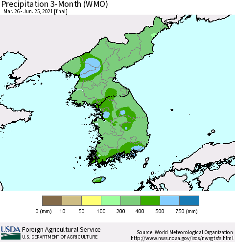 Korea Precipitation 3-Month (WMO) Thematic Map For 3/26/2021 - 6/25/2021