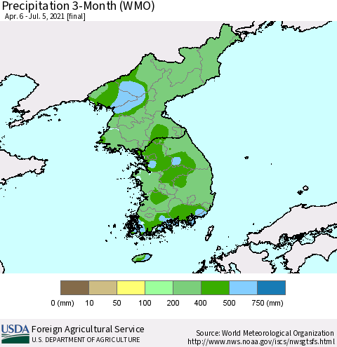 Korea Precipitation 3-Month (WMO) Thematic Map For 4/6/2021 - 7/5/2021